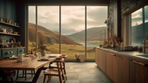 editorial shot of a kitchen area with a large dining area and large windows, in the style of otherworldly landscapes,...