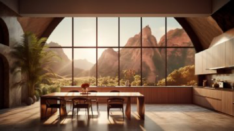 editorial shot of a kitchen area with a large dining area and large windows, in the style of otherworldly landscapes,...