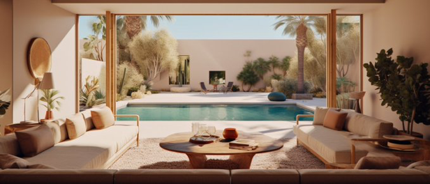 editorial shot of a living room overlooking a pool and a swimming pool, in the style of desertwave, taylor wessing,...