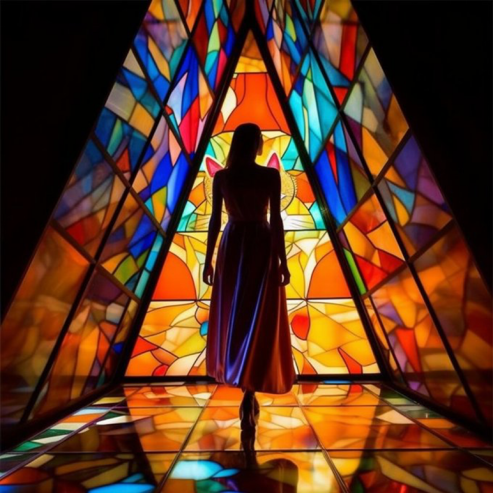 **a cat walk where the model is wearing clothes made from stained glass, amazing spot light, lighting by fashion icons,...