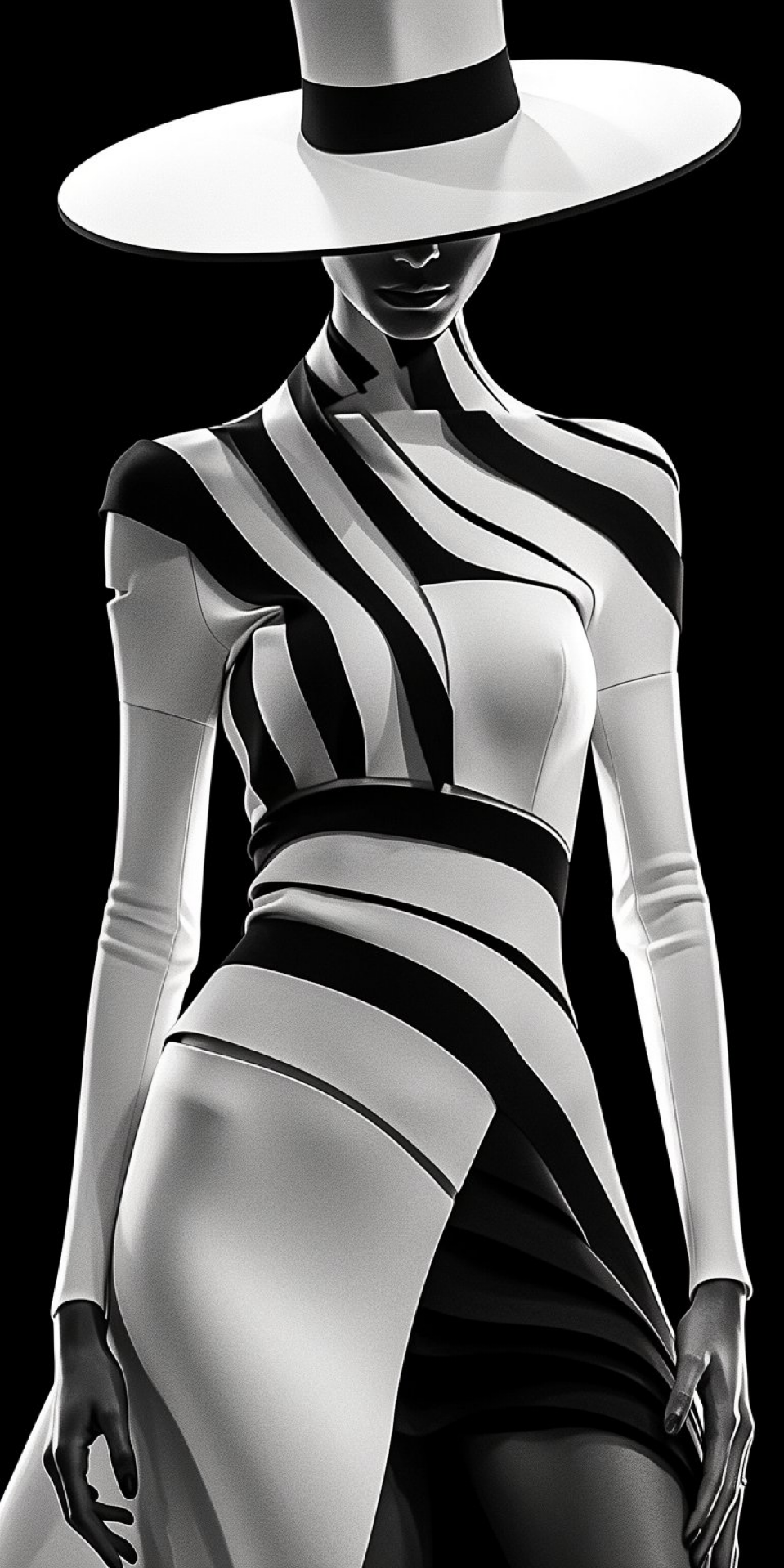 a model wearing black and white tight, minimalist haute couture dress, on a catwalk, technoir, fashion photography --niji 5 --style...