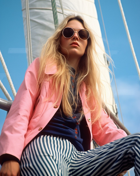 photovoltaic fabric fashion extravagant and futuristic long haired blonde female sailor blondie at the helm of a sail boat ,...