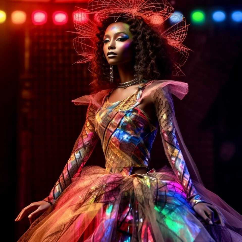 Robot fashion model wearing haute couture, brocade and silk and tulle with led lights, vibrant colour, fashion photography, full view,...
