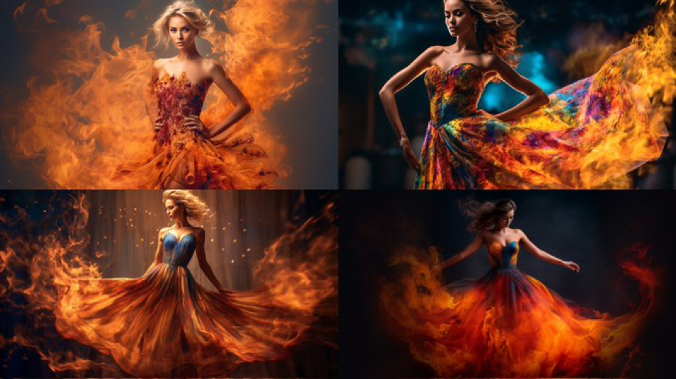 Award winning studio photograph of a super model wearing a high coture dress made of glass and burning fire, Nikon...