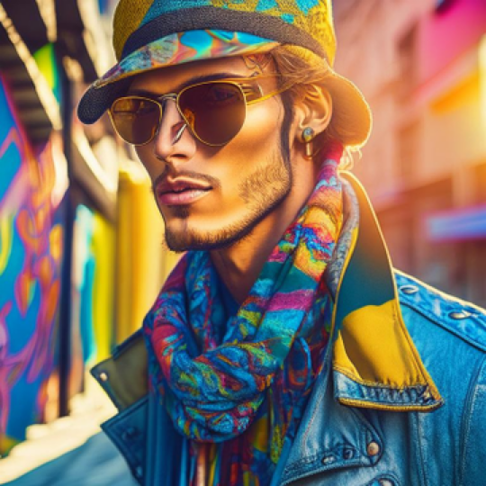 Location: Vibrant urban street with colorful graffiti and trendy storefronts.
 
 Composition: Close-up shot of the fashionable male model, showcasing their...