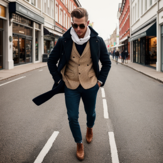 Location: Vibrant and colorful urban street in a Scandinavian city.
 Composition: Close-up shot of the fashionable walking,tall,male model, showcasing his...