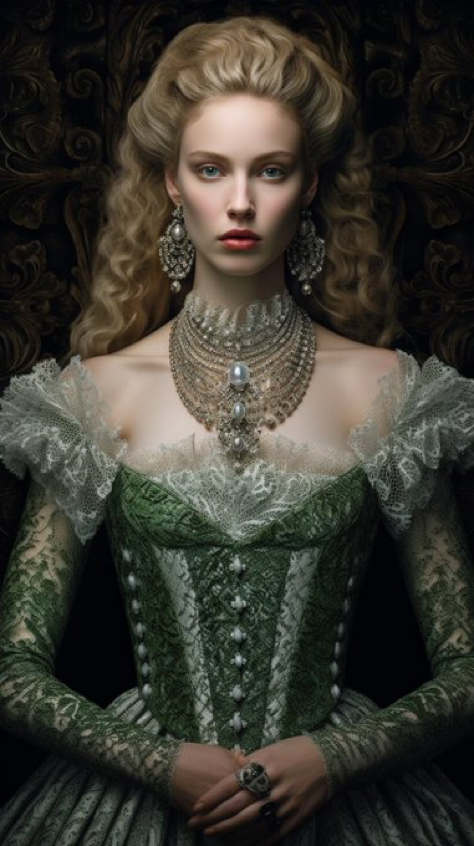 Hyper-realistic portrait of a stunningly beautiful fashion model wearing a haute couture dress in the style of 17th century fashion...