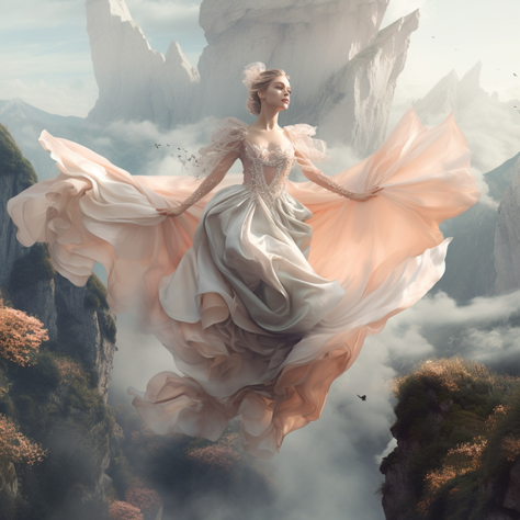 a girl in an elaborate dress is flying in the air, in the style of realistic landscapes with soft, tonal...