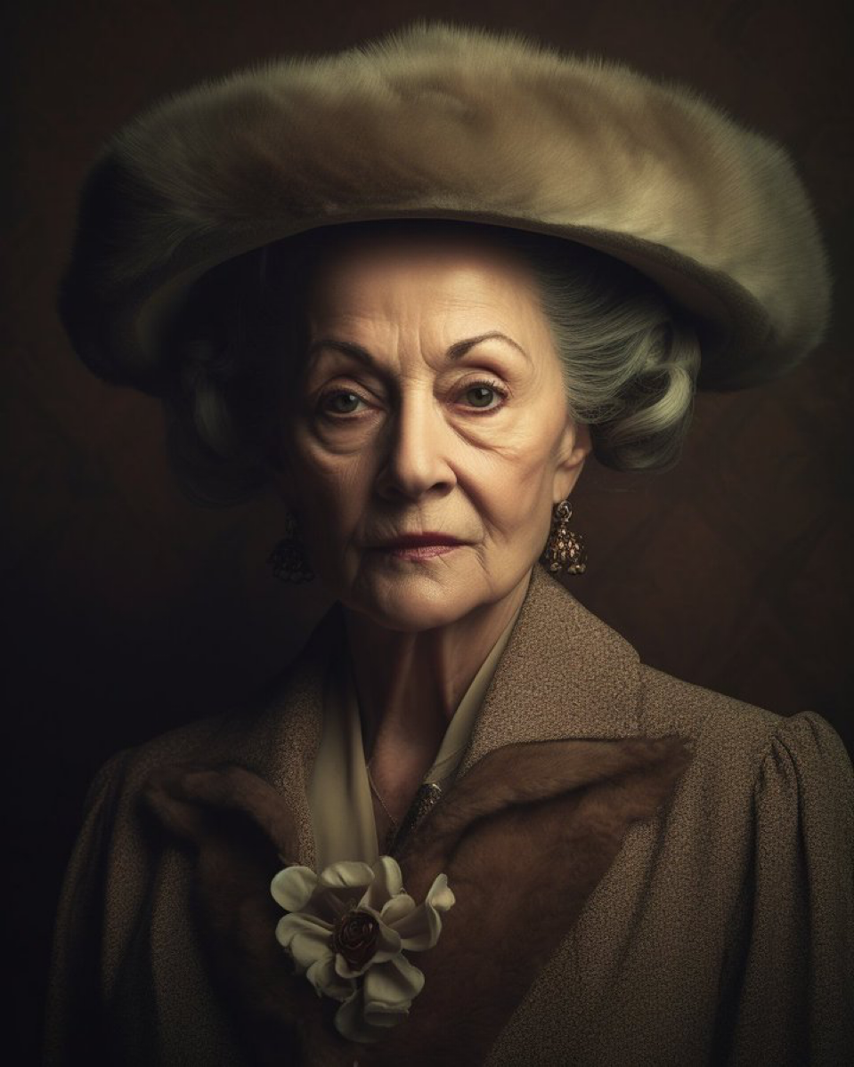 High age symmetrical close-up portrait shoot in Vintage-Glamour-Core of a wise and elegant 70-year-old lady, anamorphic lens, ultra realistic, hyper...