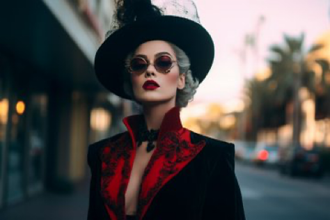 Disney villain Grimhilde in 2023, on the streets of Beverly Hills, in the style of Devil Wears Prada, Haute Couture,...