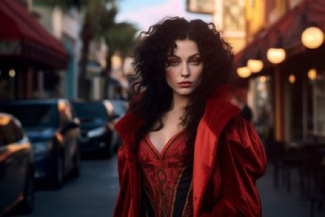 Disney villain Gothel in 2023, on the streets of Beverly Hills, in the style of Devil Wears Prada, Haute Couture,...
