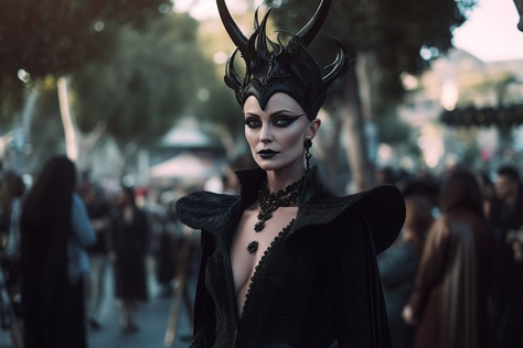 Disney villain Maleficent in 2023, on the streets of Beverly Hills, in the style of Devil Wears Prada, Haute Couture,...
