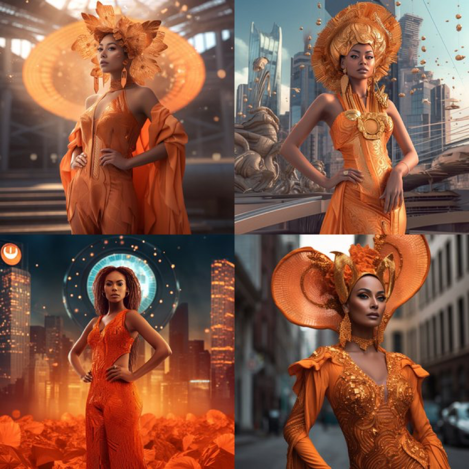 wide shot of 45 year old mixed race model in a high fashion tangerine gown made of Bitcoins, bullish headdress,...