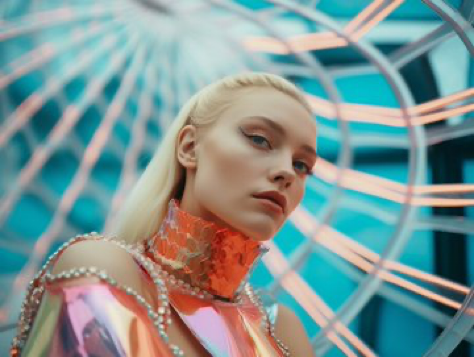 fashion photography, futuristic fashion shoot set in a bio-dome, fashion influences from Stella MCartney, full body shot of subject, brilliant...