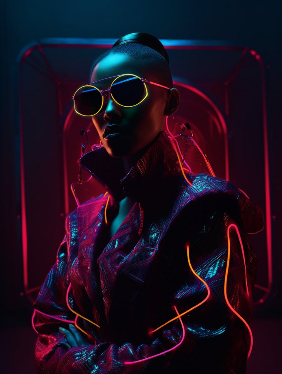 In this striking photograph by Tim Walker, a model stands with surreal oversized hiphop cyberpunk luxury clothing and detailed cyberpunk...