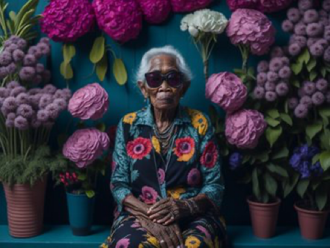 In this striking portrait photo, an elderly Indonesian grandmother, wearing a bright pastel traditional kebaya, oversized black glasses with a...