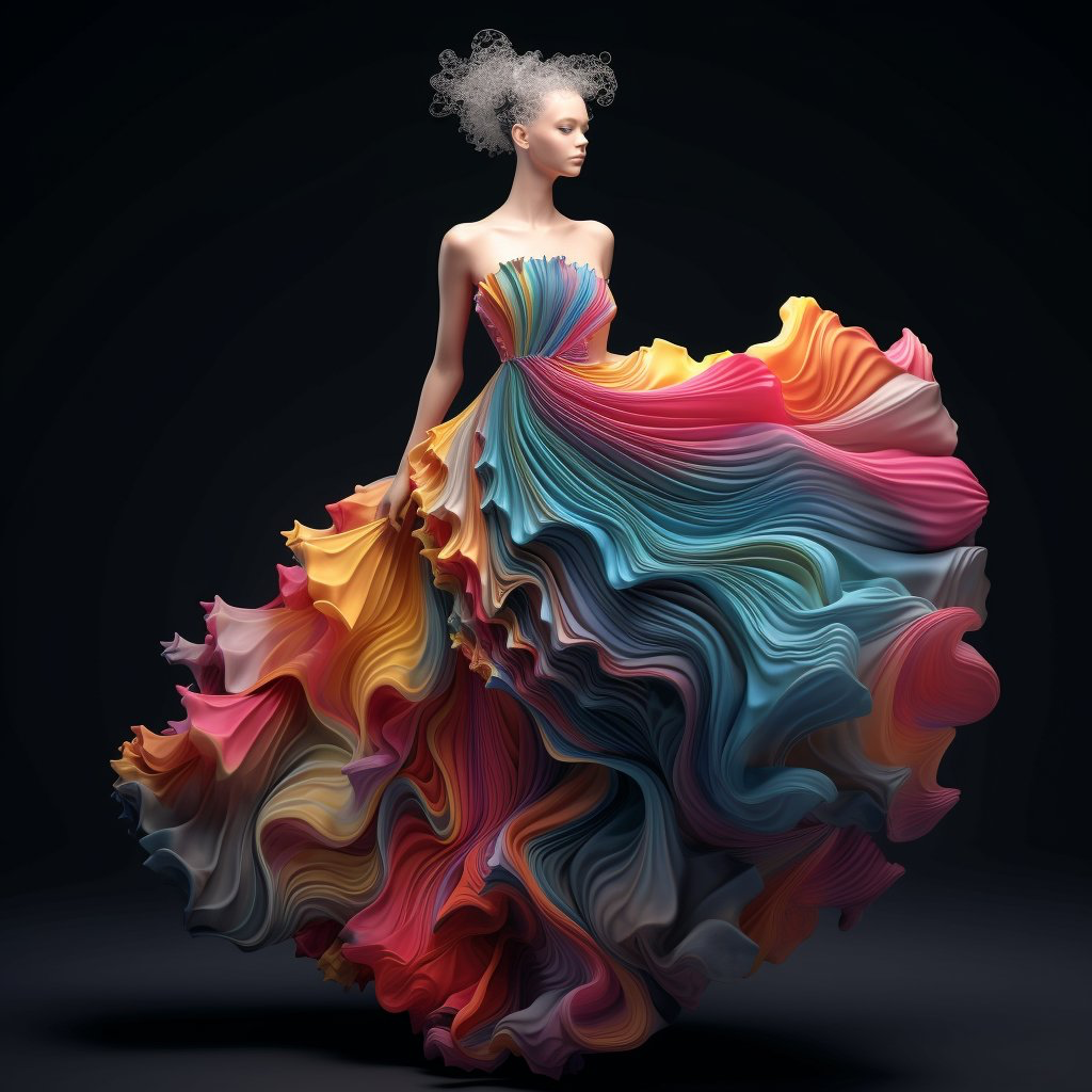 Photorealistic young female fashion model wearing a 3D colorful soft silk Mandelbrot sculptural haute couture goth dress, 3D self -...