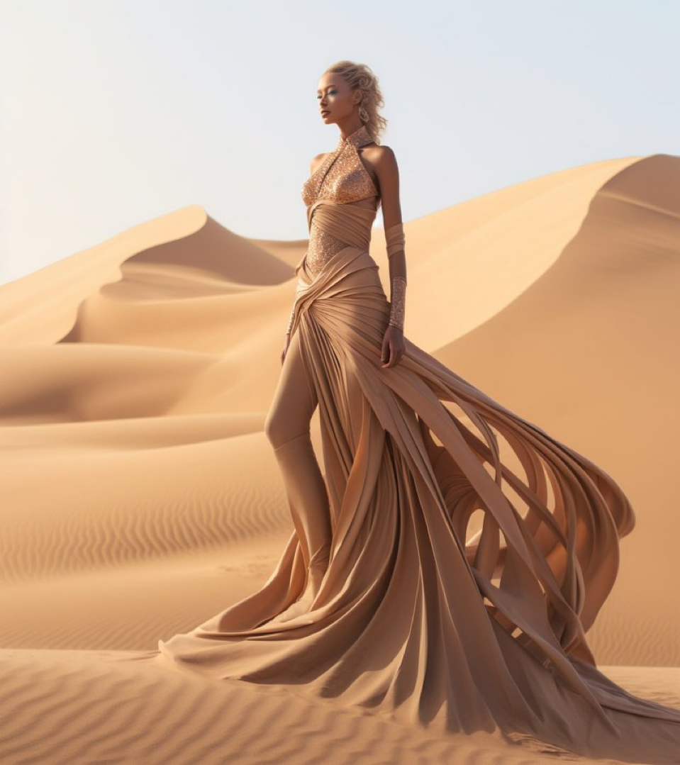 A desert goddess wearing a dress representing deserts and dunes in a futuristic time, iconic, beautiful, award winning photography, full...