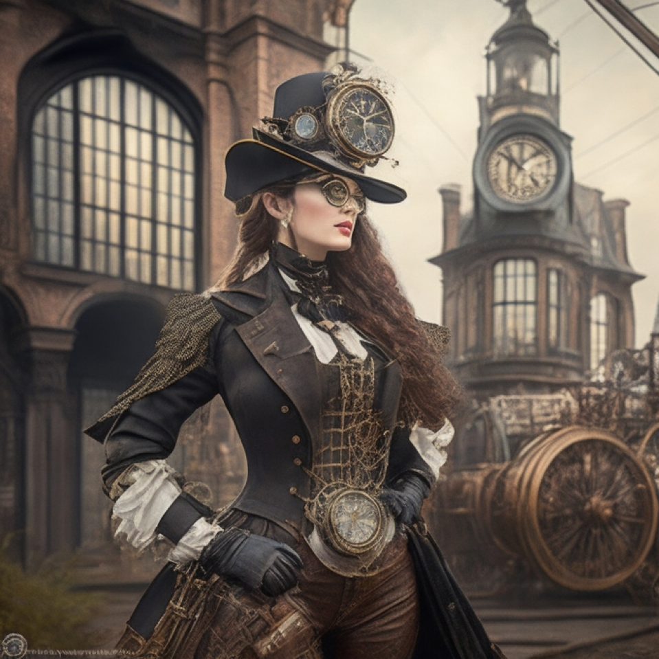 Prompt: Digital steampunk modern outfit in Victorian backdrop