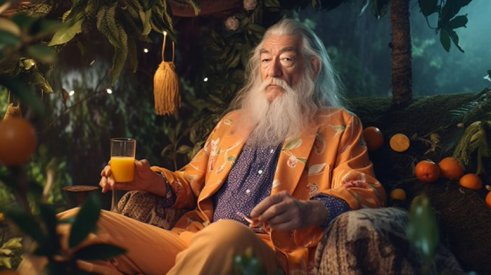 an Gandalf, performed by an actor Ian Murray McKellen, in a Hawaiian shirt GUCCI fashion, sitting on a hammock and...