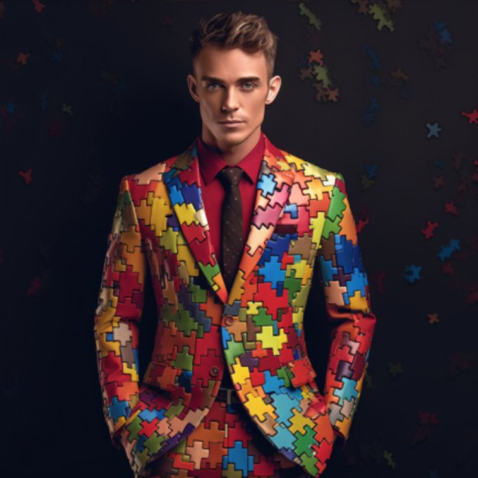 high fashion man wearing suit made of colorful puzzle pieces
