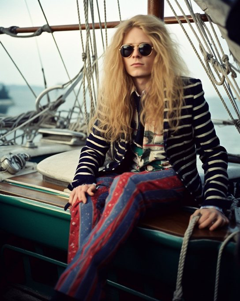 David Hockney extravagant and futuristic solo long haired blondie on a sailboat, punkcore rockGala photograph, over the top, avant garde...