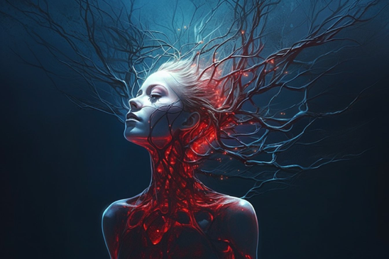 a woman made of roots, blue and red, threads and connections, branches, neurons connections, glowing threads, concept art, illustration, dark...