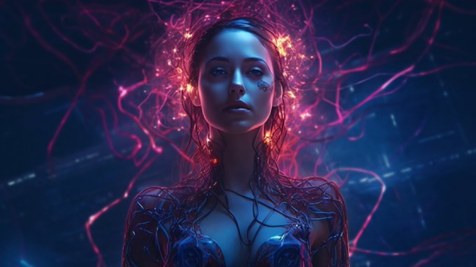 a woman made of wires, synthwave and dystopian, threads and connections, circuit board, neurons connections, glowing threads, concept art, illustration,...