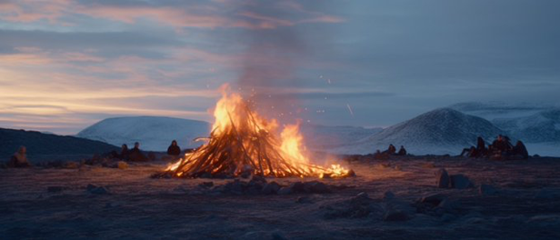 Cinematic shot of bonfire in icelandic landscape, in the style of stormy afternoon photography, realistic and hyper - detailed renderings,...