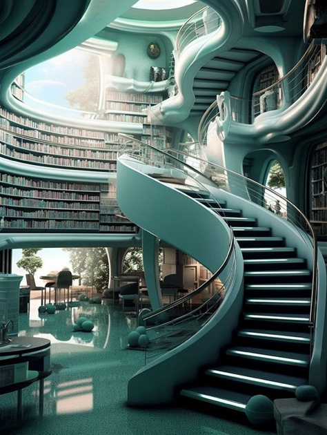 library, science fiction influences, ocean academia, precisionism influence, photo-realistic --ar 3:4 --v 5.1
