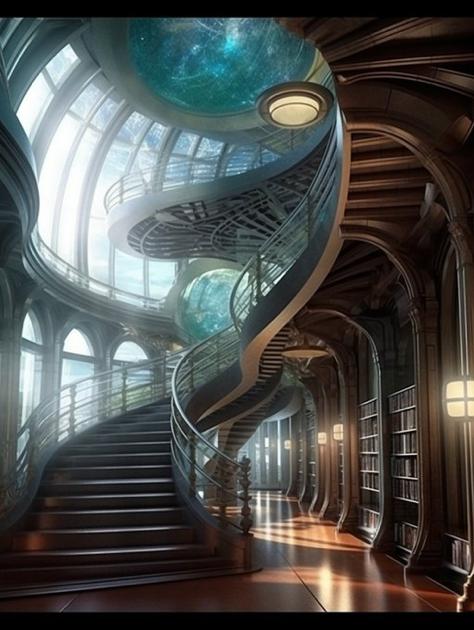 library, science fiction influences, ocean academia, precisionism influence, photo-realistic --ar 3:4 --v 5