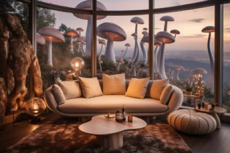 Prompt: ‘’Large panoramic window with a view of a magical mushroom forest. A tastefully decorated living room, contemporary style. Shot...