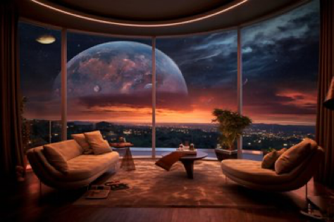 Prompt: ‘’Large panoramic window with a view of an alien sky. A tastefully decorated living room, contemporary style. Shot on...