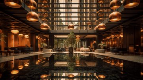 Award winning architectural photography: Interior deign of hotel atrium in taiwanwith, floating structures, reflective surfaces, dark beige, dark amber and...
