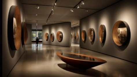 Award winning architectural photography: Art museum, in the style of book art installations, subtle, earthy tones, curved mirrors, luxurious wall...