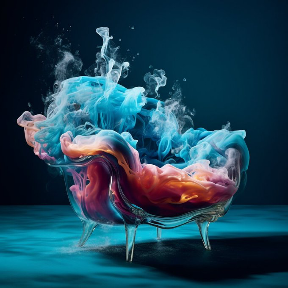 editorial photography of an organic, almost liquid smoke style armchair --s 750 --v 5.1