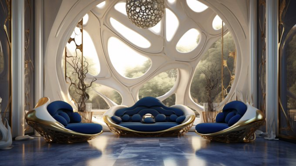 angular, biomorphic, exquisite interior design with huge window in the living room, cosmic furniture symmetrical interior, flowing lines, indigo, white...