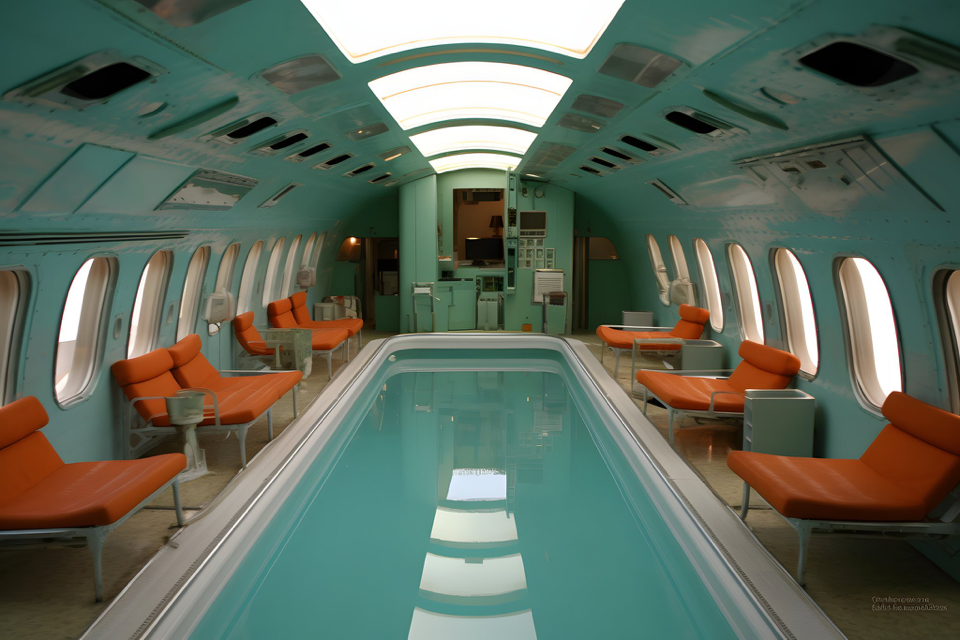 A swimmingpool inside cabin of 747 airplane --ar 3:2