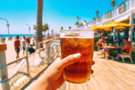 Produce an first-person selfie at a bustling beach boardwalk. Hand holding a giant beer up to the camera. Use a...
