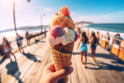 Produce an endearing first-person selfie at a bustling beach boardwalk. Hand holding a giant, colorful ice cream cone up to...