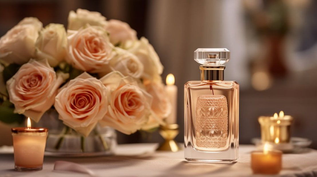 A bottle of premium perfume, surrounded by a bouquet of fresh roses. The style should be elegant and romantic, with...