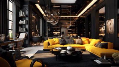 Cinematic scene of an elegant interior design, showcasing a sophisticated living room with a bold color scheme of black and...