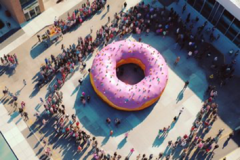 Prompt: ‘’A droneshot of crowd around the tallest donut statue in the world. City square. --ar 3:2’’