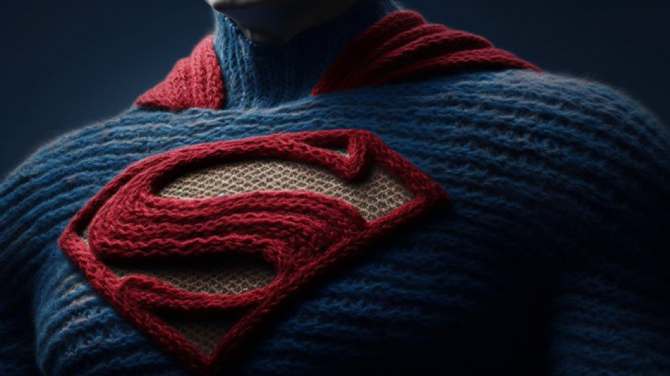 A hyper-realistic image of Superman, but with a twist - his suit is made of wool. The suit should retain...