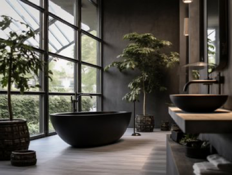 interior photography of a beautiful and minimalist japandi style bathroom with furniture made of black wood and white marble, plants,...