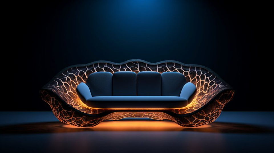 product design, a couch made out of fractal and dynamesh design, minimal background, centered, front view --s 1000 --ar 16:9...