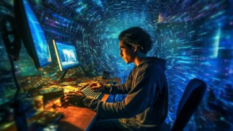 photo of a computer operator, explosion of XML and JSON letters, text, characters and numbers switling around, long exposure --ar...