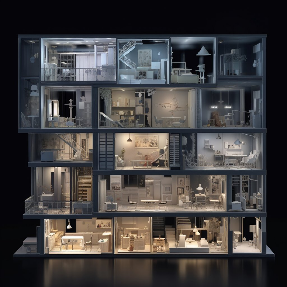 X-ray of various rooms in modernist house at night, in the style of intricate and bizarre, miniaturecore, packed with hidden...