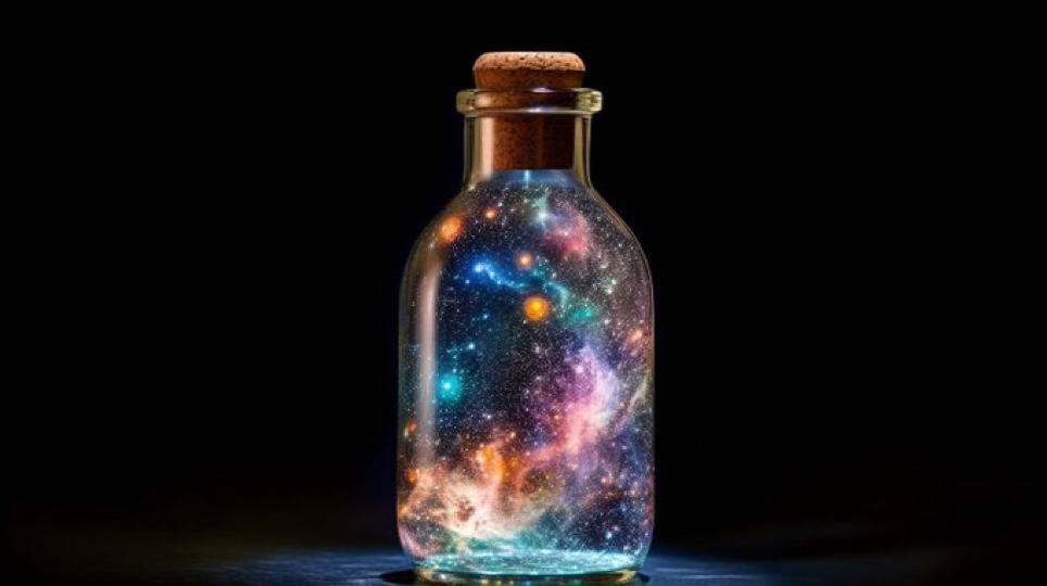 Micro-Cosmic Bottle: Imagine a fantastical scene where an entire cosmos is contained within the confines of a bottle. Swirling galaxies,...