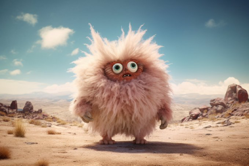 Photograph of a desert Landscape ::5 Fluffy cute Monster ::5 Dramatic sky in background ::1 --ar 3:2